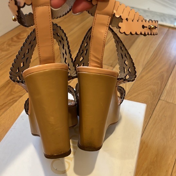 Chloé Aliseo Laser Cut Calf Wedge Sandals in Beige - Picture 7 of 10